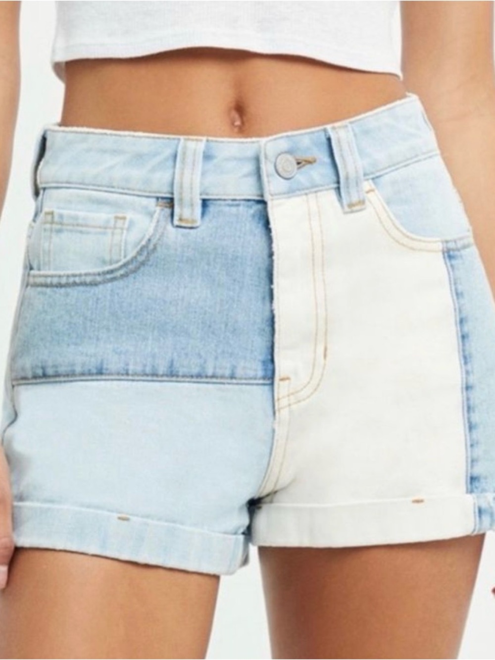 PacSun Two-Tone Patchwork Denim Mom Shorts — Light Blue & White